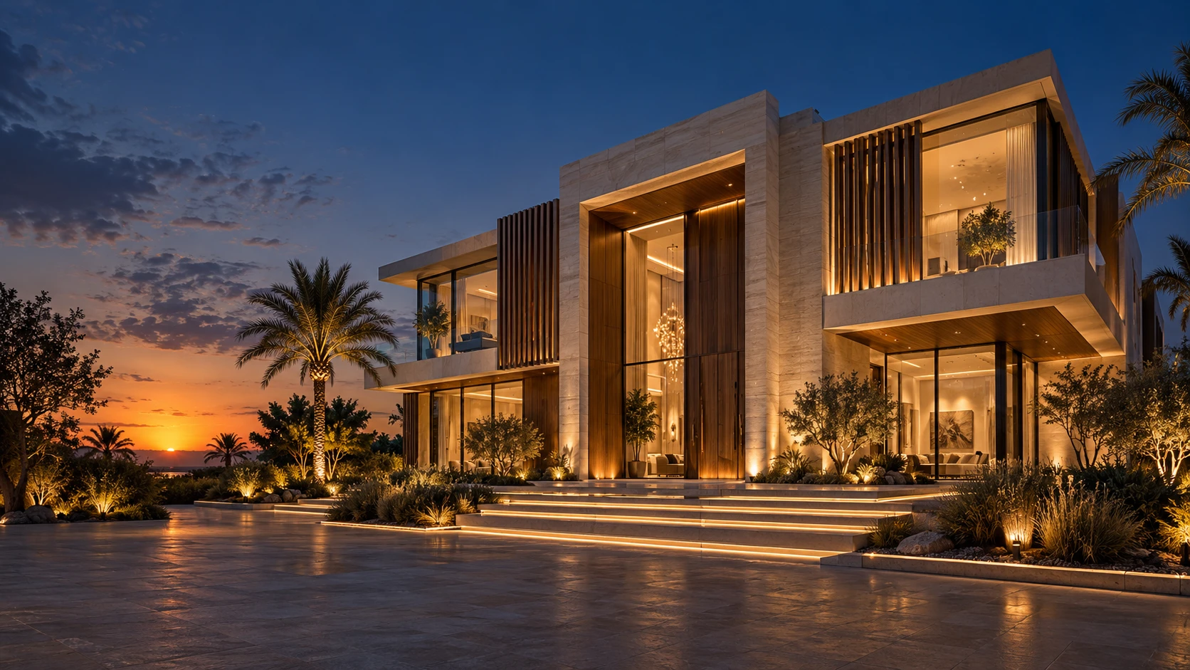 Cinematic architectural concept of a contemporary UAE villa at sunset